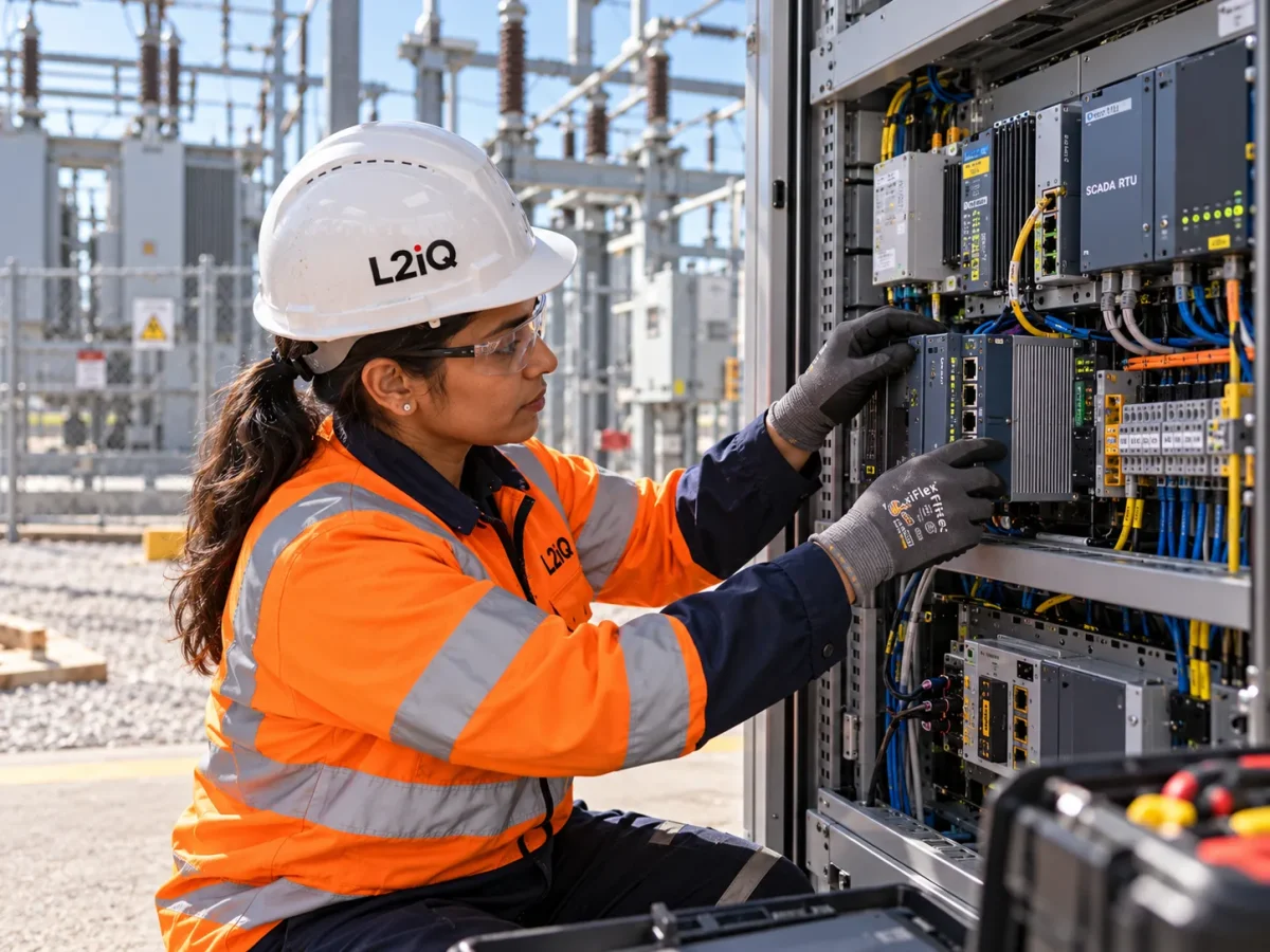 Field Engineer Configuring SCADA RTU Cabinet